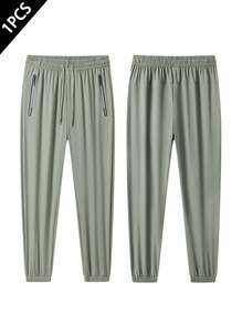 Quick-Dry Comfortable Ice Silk Pants For Boyfriend Style Men, Outdoor Running Exercise Trousers, 1pc, Zippered Pockets, High Elastic Waist With Drawstring, Suitable For Summer Gym Workouts, Training And Jogging - Green - View 1