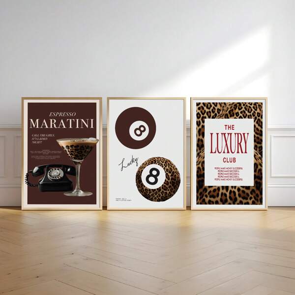 1/3 pezzi Stampe su tela con copertine di riviste di moda di lusso, stampa leopardata, cartellone di Espresso Martini, decorazione estetica girly per camera da letto, soggiorno o decorazione da parete per la stanza da letto, regalo per lei, senza cornice