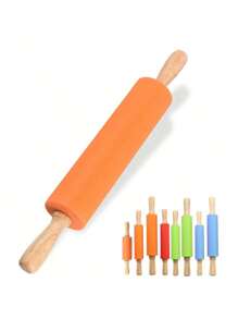 1pc Silicone Rolling Pin With Wooden Handle, Non-Stick Dough Roller