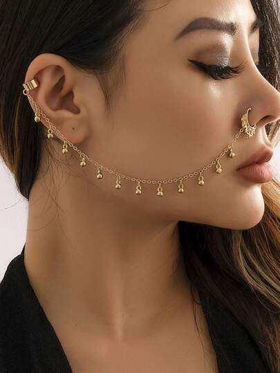 1st vintage sexig punkstil Faux Pearl Tofs kedja Nose Ring, lämplig för kvinnor för dagligt slitage och dansfest