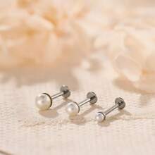 1pair Titanium Pearl Labret Stud Earrings, Internally Threaded Flat Back Earring, Tiny Tragus Earring, Forward Helix Earring, Tragus Piercing Stud - Multicolor - View 4