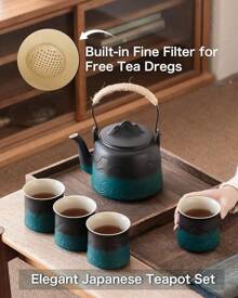 Vintage Japanese Tea Set, 33.8 Oz Gradient Embossed Ceramic Japanese Teapot With Built-In Strainer For Tea Steeper, Black & White