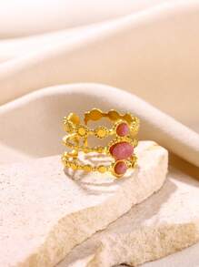 金色不锈钢戒指，复古粉色天然宝石度假波西米亚风女士戒指约会夏季珠宝 - 金色 - 查看 3