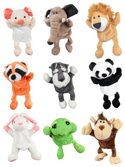 33 厘米儿童手偶幼儿动物毛绒玩具，卡通动物手偶，多种款式可供选择，柔软毛绒讲故事玩具，适合角色扮演，包括大象、长颈鹿、狮子、熊猫、兔子、猪、狗、浣熊和猴子，适用于表演剧院、生日礼物、复活节篮子填充物、创造性想象力，是圣诞节和家庭活动的完美礼物