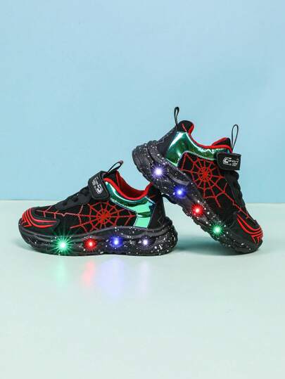 1 Pair Fashion LED Glowing Spider Web Design Breathable Sports Shoes, Suitable For Boys And Girls - Casual, Shock Absorbing, Non-Slip Outdoor Running And Walking Shoes For All Seasons