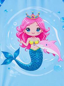 1pc Girls' Round Neck Long Sleeve Zipper Mermaid Scale Print Swimsuit - Royal Blue - View 8