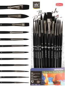 opeth Set di 12 pennelli in nylon nero, setole in nylon di alta qualità ad alta assorbenza, manici in legno ergonomici, 12 testine di pennello per pittura ad acrilico, olio, acquerello, gouache