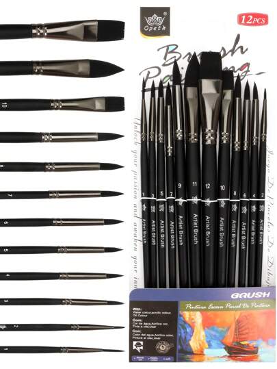 opeth 12 st/set svarta nylonhårpenselpenslar, premium nylonborst med bra vattenabsorption, ergonomiska trähandtag, 12 borsthuvuden för akryl-, olje-, akvarell- och gouachemålning