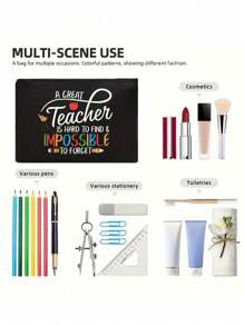 Creative Teacher Letter Printed Linen Handbag With Wallet Makeup Bag, Block Shopping Bag, Teacher Thanks Gift, Women's Linen Large Capacity Handbag. - Multicolor - View 10