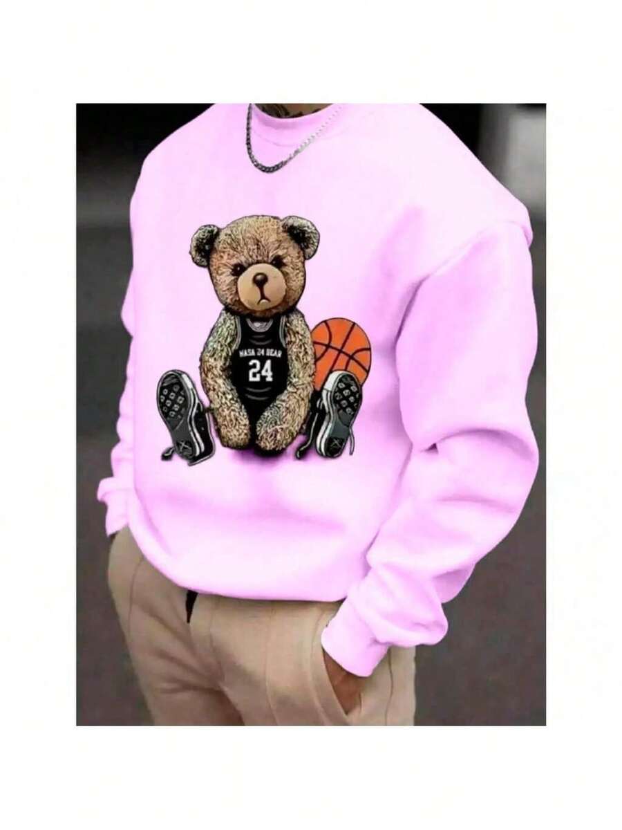 Bear Basketball Crewneck Sweatshirt (FRONT) Round Neck Women's Men's Flannel Unisex Winter Cold Cotton Blouse