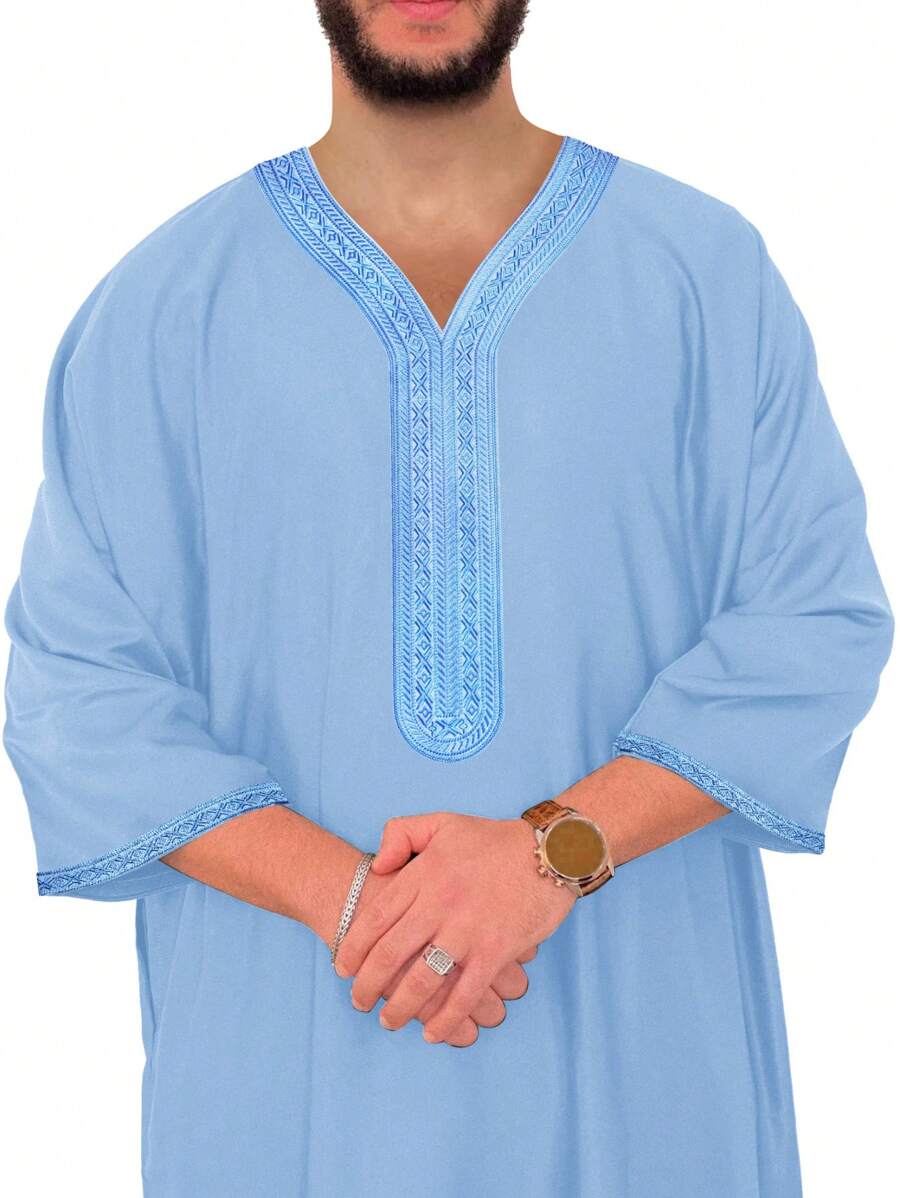 Men's Morocco Style Embroidered Short Sleeve Robe With Side Pockets, Islamic Men's Casual Home Robe, Ramadan Men's Robe - Baby Blue - View 1