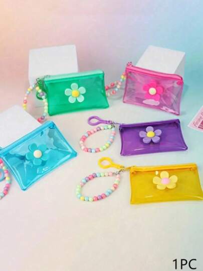 1 chiếc ví đựng tiền xu bằng nhựa PVC trong suốt thời trang có dây xích đính hạt hoa - Ví đựng chìa khóa và du lịch di động cho bé gái (Màu hạt ngẫu nhiên) Túi đeo tay trong suốt mùa hè cho nữ Ví ví mini Ví đeo tay Ví đựng tiền xu