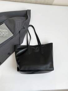 Fashionable Solid Color Shoulder Tote Bag With Butterfly Decor, Elegant And Cute Bowknot Ladies Handbag, Versatile Work Bag - Black - View 10