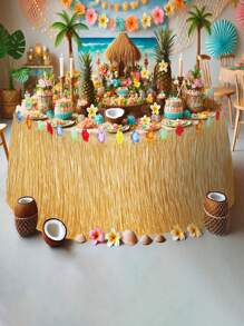 78.7inch Grass Color Grass Table Skirts, Hawaiian Party Grass Table Skirts, Natural Grass Table Skirts, Grass Yellow With Hibiscus Flowers, Hawaiian Party Tropical Party Decorations, Tassel Party Decorations, Summer Hawaiian Theme Party Supplies - Khaki - View 7