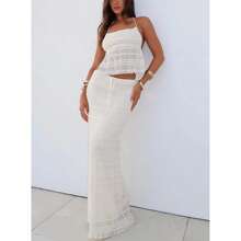 Women Summer Cotton Outfit 2 Piece Maxi Skirt Set Y2k Lace Up Hater Backless Tank Top Flowy Ruffle Long Skirt Outfits Going Out Beachwear - 白色 - 查看 1