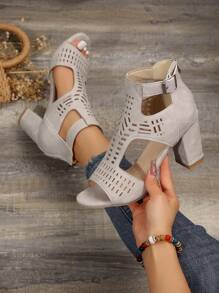 Women's Hollow-Out Open Toe Thick Heel Platform Sandals, 8cm High Chunky Heel Fashion Elevated Dress Shoes For Party, Travel, Vacation, Suitable For All Seasons, Brown