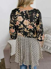 Womens Floral Boho Kimono Cardigan 3/4 Ruffle Sleeve Lightweight Tie Loose Cover Up - Black - View 3