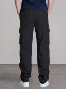 1 pieza Pantalones cargo rectos de unicolor y versátiles para niños preadolescentes, adecuados para ir y venir, la escuela, el uso diario casual, los viajes, los deportes, primavera/verano/otoño/invierno - Negro - Ver 2