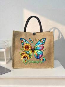 2 Pieces Pink Butterfly Print Tote Bag Set, Jute With Stylish Pattern, Including Handy Coin Purse, Perfect For Shopping, Travel & Beach Adventures,Multifunctional Women's Bag, Suitable For Daily, Travel, Shopping, Work, Gift Giving - Khaki - View 2