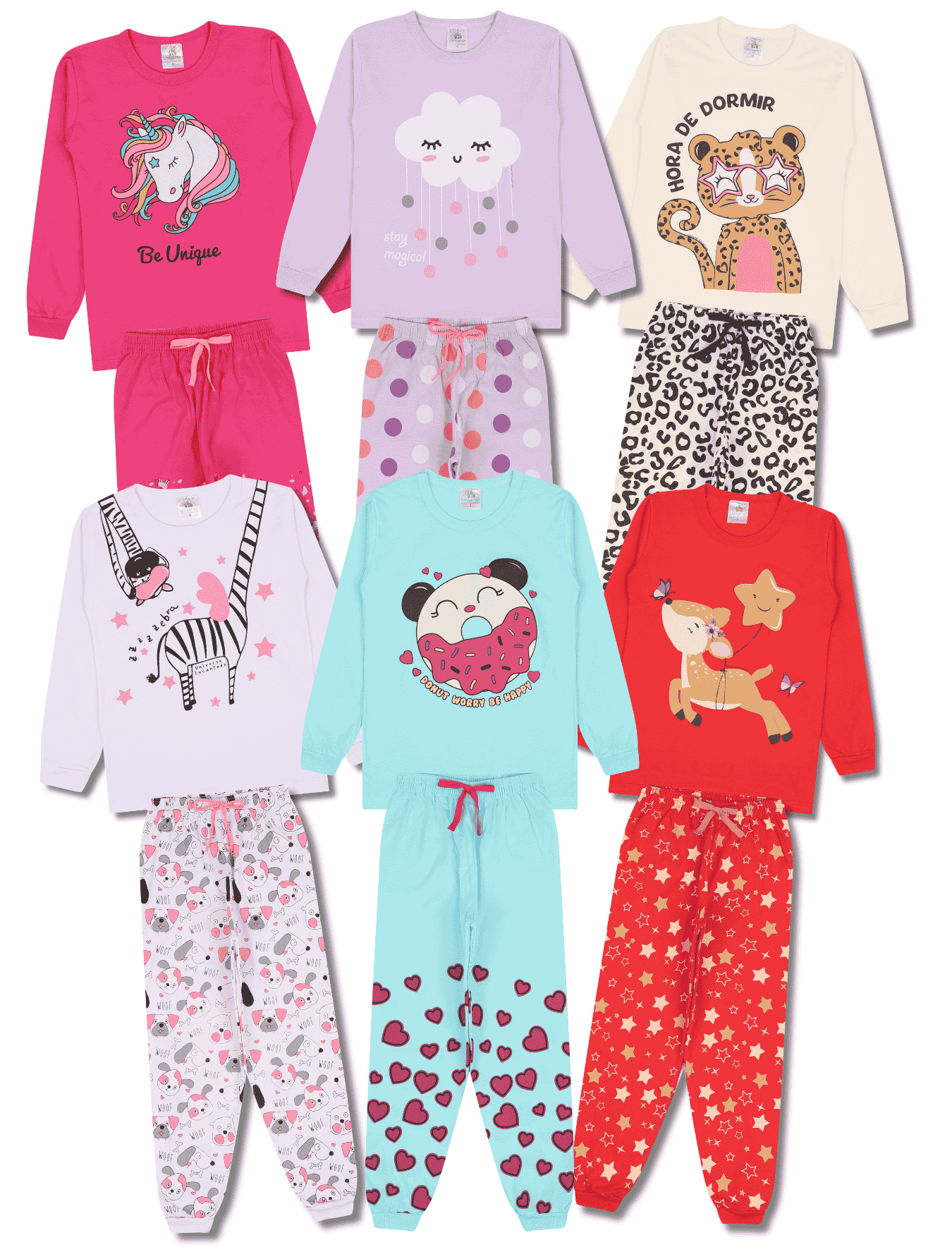 6 Peças de Pijama Infantil Menina Manga Longa Variadas - 3 Camisetas +3 Calças