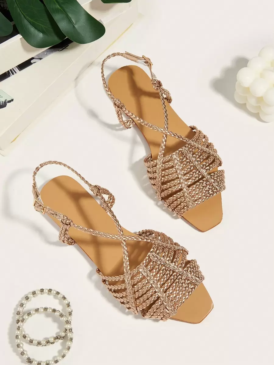 Handwoven Champagne PU Leather Strap Woven Design Fashion Flat Sandals For Women, Random Woven Pattern,Spring Summer Outfits - Champagne - View 1