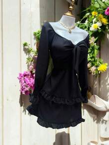 VESTIDO CORTO MANGA LARGA CON RESORTE ESTILO CAMPIRANO DOBLE OLAN TELA CEY. MOD. ELSIE - Negro - Ver 8