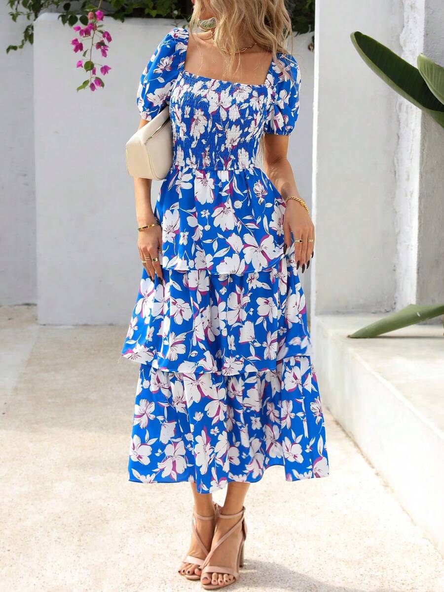 Women Summer Puff Short Sleeve Midi Dress Floral Printed Square Neck Smocked Dress Ruffle Tiered Flowy Long Dress Casual Spring Holiday Vacation Garden Boho Bohemian Wedding Guest Valentine Maxi Dress - 藍色花 - 查看 1