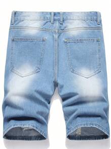 Men's Distressed Patch Pocket Bermuda Loose Denim Shorts - Medium Wash - View 4