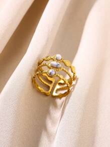 金色不锈钢戒指，复古粉色天然宝石度假波西米亚风女士戒指约会夏季珠宝 - 金色 - 查看 10