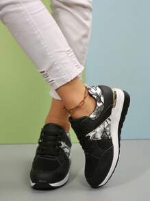 Women's Lace-Up Platform Breathable Mesh Printed Thick Sole Comfortable Casual Sneakers, Fashion Classic Versatile Outdoor Running Travel Leisure Sport Shoes, Oversized EU 2025, Seasonal Update - Black - View 2