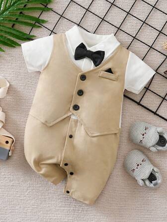 Yierying 男宝宝可爱蝴蝶结短袖高领绅士风舒适连体衣