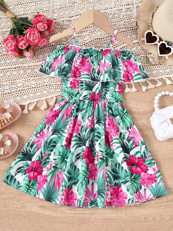 Vestido de férias de verão casual estampado com cintura ajustada e ombro de fora para meninas