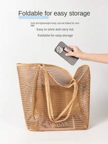 新款时尚折叠沙滩包网眼手提包女士单肩包购物袋夏季户外旅行包大容量东南亚风格沙滩玩水透气游泳收纳袋 - 棕色 - 查看 9