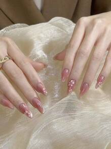 10pcs Blush Press On Nails Spring Flowers Fake Nails Pink Cat Eye Fake Nails Short Almond Shape Manicure Set Includes 1sheet Adhesive Tabs & 1pc Mini File Perfect For Everyday Wear - Multicolor - View 4