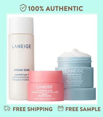  Laneige Hydration Heroes: - Crema hidratante de ácido hialurónico azul Water Bank de 10ml / 0.33 oz Fl. - Tónico y humectante Cream Skin Cerapeptide de 25ml / 0.84 oz Fl. - Máscara para dormir labios en tono Berry de 3g / 0.10 oz