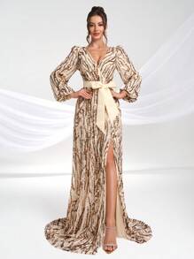 YISIKADO Women's Sequin Long Sleeve Tie Strap Random Print V-Neck Long Sleeve High-End Luxury Party Evening Dress, Wedding Guest Dress, Formal Dress,Gown - Champagne - View 2