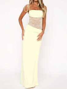 Women Spaghetti Strap Tie Shoulder Cami Dress Lace Patchwork Cut Out Waist Bodycon Long Maxi Mermaid Cocktail Party Dress Beach Sundress - 黃色 - 查看 2