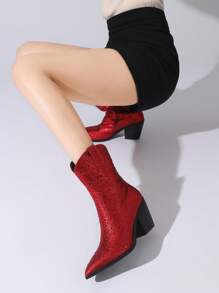 Women's Rhinestone Western Cowboy Boots Fashion Chunky Heel Pointed Toe Glitter Ankle Boots For Outdoor Party,Side Zipper Comfortable Rhinestone Short Boots - Red - View 3