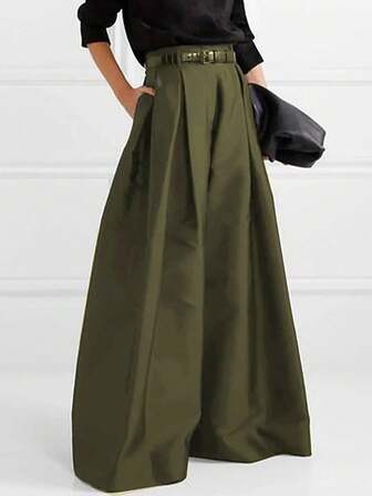 新款春夏纯色复古宽松高腰口袋长裤（不配腰带）