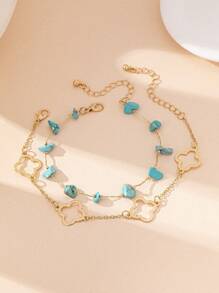 1pc Vacation Style Sexy Hollow Clover Stone Pendant Anklet, Suitable For Women's Daily Vacation Outfit - Yellow Gold - View 4