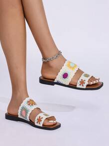 New Square Toe Flat Sandals For Plus Size Women, Retro Woven Knitted Pattern Strap, Comfortable Slip-On House Slippers, Suitable For Summer, Beach, Vacation