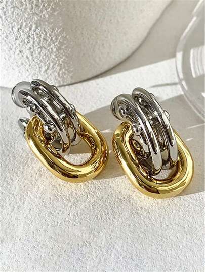1 par de elegantes y clásicos pendientes de botón geométricos de dos tonos, adecuados para mujeres