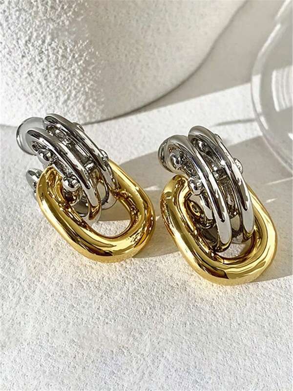 1 Pair Fashionable, Elegant, Classic, High-End Geometric Two-Tone Stud Earrings, Suitable For Women