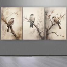 [Set de 3 obras de arte en lienzo de pájaros sin marco] Set de 3 piezas, sin marco, 16x24 pulgadas, Pintura en lienzo de un pájaro posado en una rama de árbol para decoración del hogar, sala de estar, dormitorio, cocina, oficina, cafetería, impresiones de alta calidad, regalo perfecto y decoración