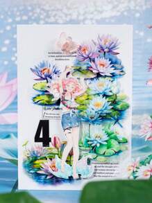 1 Rollo de cinta adhesiva con estampado de loto recortado, cinta adhesiva con pegatinas de plantas frescas para planificadores, serie de estanque de lotos de verano