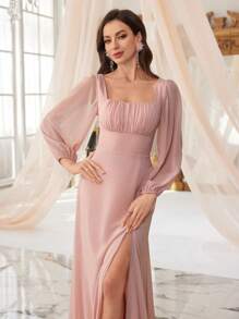 UNITHORSE Square Neckline Lantern Sleeve Ruched Chest & Waist A-Line Wedding Party Dress With Slit Hemline, Bridesmaid Dress - Pink - View 5