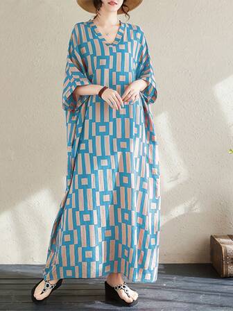 Women's Casual Dignified Long Kaftan Dress, V-Neck Short Sleeve, Woven Fabric, With Pockets, Geometric Print, Elegant Loose Fit