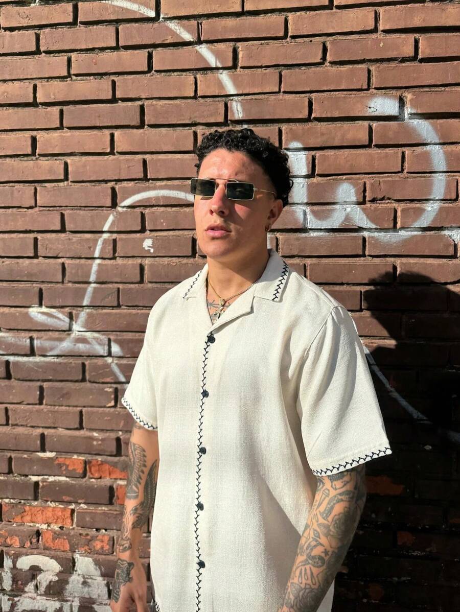 2025 Men's Solid Color Casual Minimalist Bamboo Node Printed Short Sleeve Shirt, Spring/Summer - Black and White - View 1