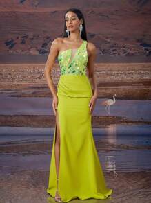 BluePlum Luxury Metallic Glass Mirror Asymmetrical Neck Formal Evening Gown Elegant Pocket High Split Sleeveless Maxi Fishtail Mermaid Prom For Women Ball Party Dress, Wedding Guest Dress - Mustard Yellow - View 2