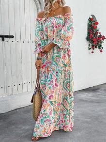 Vestido con mangas medias estampado en estilo bohemio para mujer, con cuello barco, mangas holgadas con volantes, estampado completo en estilo paisley, ideal como vestido largo tipo pareo para la primavera/verano, de uso casual diario